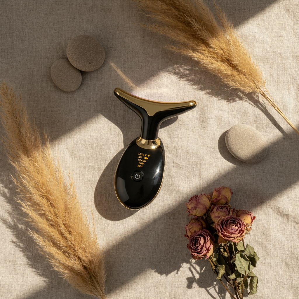 Facial massage device flat lay